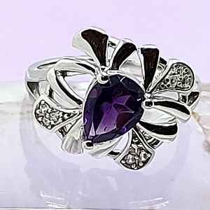Natural Amethyst 8x6mm & Cz‎ 14K White Gold Plate 925 Sterling Silver Ring 6